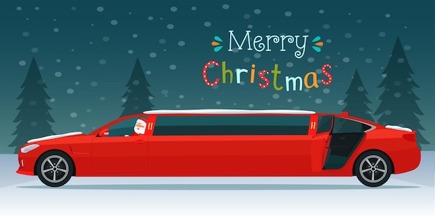 Frohe weihnachten schriftzug und rote limousine mit weihnachtsmann