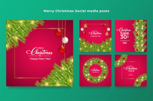 Frohe weihnachten social-media-post-bundle. weihnachtsbanner auf rotem grund, kiefernblätter, weihnachtskugeln, stern, grüner kranz und schneeflocken. weihnachtsverkaufsfahnenvektor. weihnachten rotes banner.