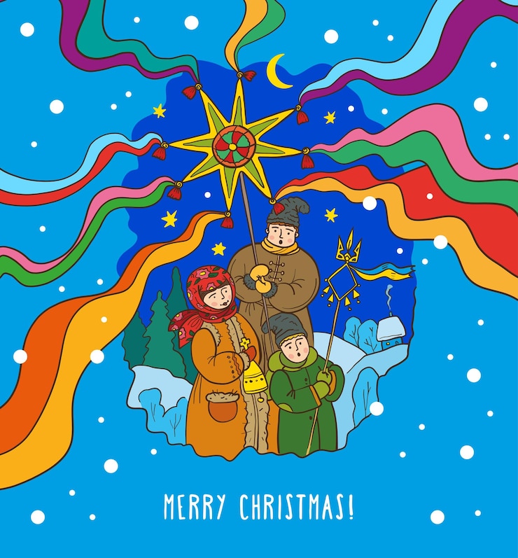 Vektor frohe weihnachten ukrainische weihnachtsszenen vektorillustration