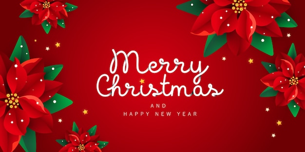 Frohe weihnachten und ein frohes neues jahr noel banner mit dekor weihnachtsstern blumen auf rotem hintergrund