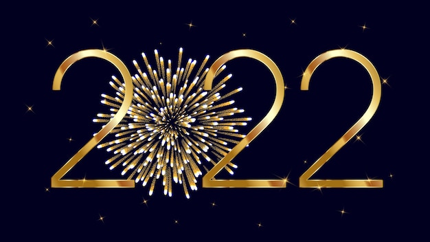 Frohe Weihnachten und ein glückliches neues Jahr 2022 auf dunklem Hintergrund mit goldenem Feuerwerk