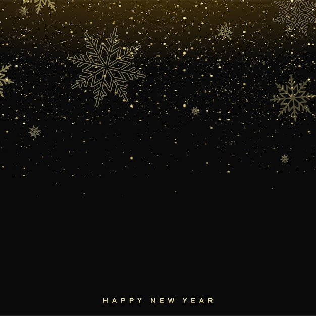 Frohe Weihnachten und ein glückliches neues Jahr-Banner mit fallenden goldenen Schneeflocken auf schwarzem Hintergrund. Vektor.
