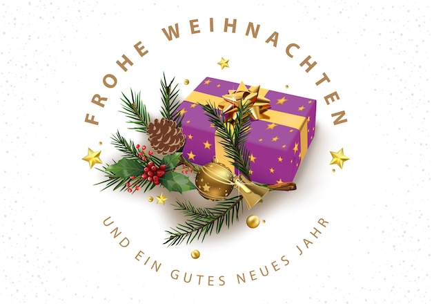 Frohe Weihnachten und ein glückliches neues Jahr Deutsche Grußkarte mit Weihnachtsschmuck