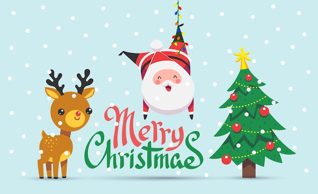 Frohe weihnachten und ein glückliches neues jahr. grußkarte mit schneeflocken und lustigem weihnachtsmann mit seinem freund. karikatur flacher stil.