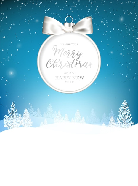 Frohe weihnachten und ein glückliches neues jahr grußkarte mit schriftzug und weißen schneefällen