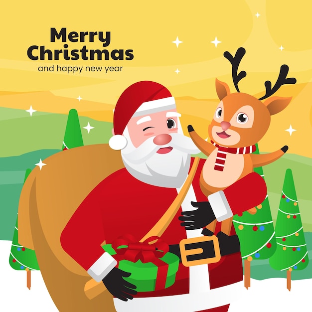 Frohe weihnachten und ein glückliches neues jahr grußkarte mit weihnachtsmann und rentieren