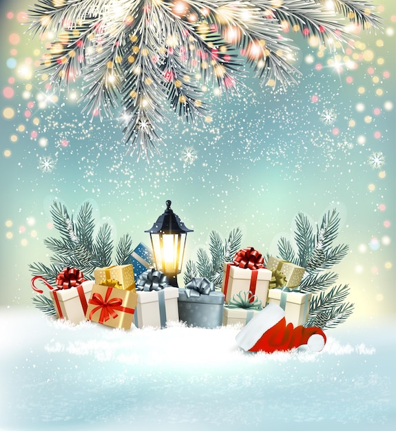 Frohe weihnachten und ein glückliches neues jahr hintergrund mit 2024 und bunten geschenkschachteln und zweigen des weihnachtsbaumvektors