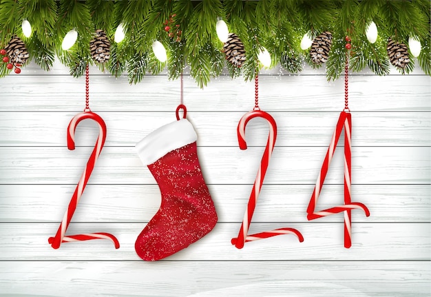 Vektor frohe weihnachten und ein glückliches neues jahr hintergrund mit einer 2024 roten beeren-zuckerstange und einem roten sockel-vektor