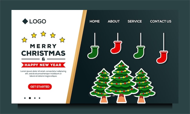 Frohe weihnachten und ein glückliches neues jahr landing page design-vorlage mit weihnachtsbaum und socke