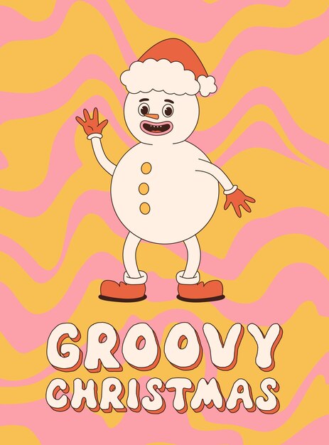 Frohe Weihnachten und ein glückliches neues Jahr Schneemann im trendigen Retro-Cartoon-Stil Grußkarten-Vorlage Poster druckt Party-Einladungen und Hintergründe Groovige Winterplakate