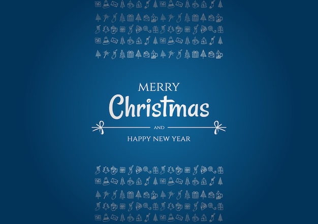 Frohe Weihnachten und ein glückliches neues Jahr-Vektor-Poster oder Grußkarten-Design mit handgezeichneten Kritzeleien. Weihnachtsbanner mit silberner Steigung auf blauem Hintergrund.
