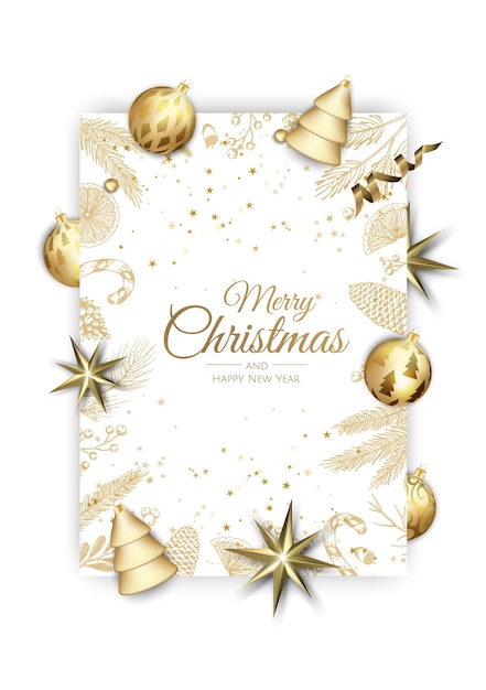 Frohe weihnachten und ein glückliches neues jahr. weihnachtshintergrund mit glänzenden goldenen schneeflocken. grußkarte, feiertagsbanner, webplakat.