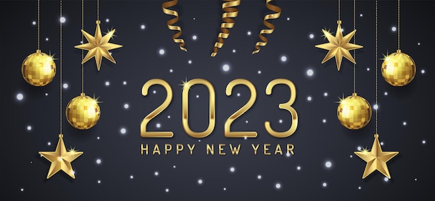 Frohe weihnachten und ein gutes neues jahr 2023 banner hängende sterne und goldene glitzerkugeln