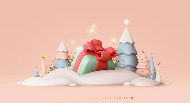 Vektor frohe weihnachten und ein gutes neues jahr festliche 3d-komposition mit realistischen weihnachtsbäumen, geschenkbox in schneeverwehung, goldenem konfetti. weihnachtshintergrund-winternatur, feiertagsdesign. vektor-illustration