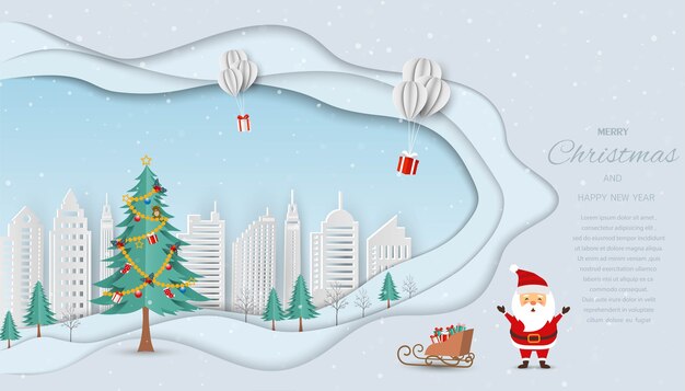 Frohe weihnachten und einen guten rutsch ins neue jahr. der weihnachtsmann schickt geschenkboxen mit luftballons in die weiße stadt