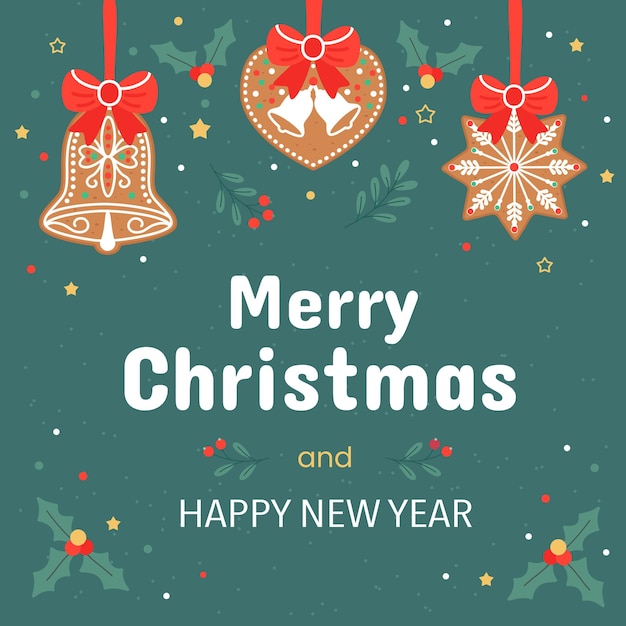 Frohe Weihnachten und frohe Neujahrskarte mit Kekse und Zweigen im Hintergrund
