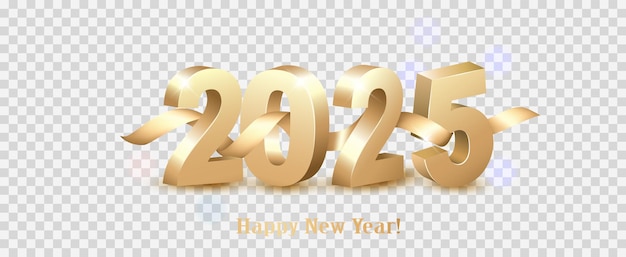 Frohe Weihnachten und frohes Neujahr 2025 Goldene 3D-Zahlen mit goldenem Band auf transparentem Hintergrund Feierlich-realistisches Design Ferienfeier 2025 Webposter Vektor