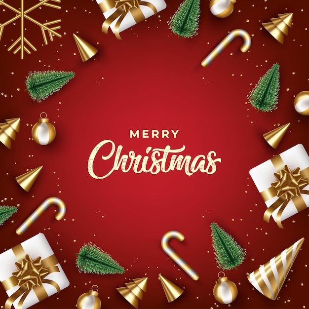Frohe Weihnachten und guten Rutsch ins Neue Jahr-Hintergrund mit realistischer Süßigkeitskugel-Geschenkbox-Kiefer