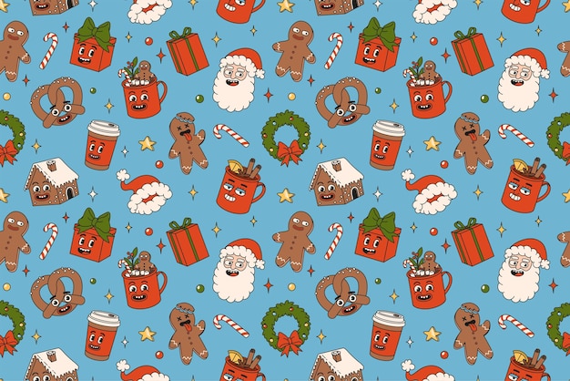 Frohe weihnachten und guten rutsch ins neue jahr musterdesign weihnachtsmann geschenke kakao kaffee lebkuchen