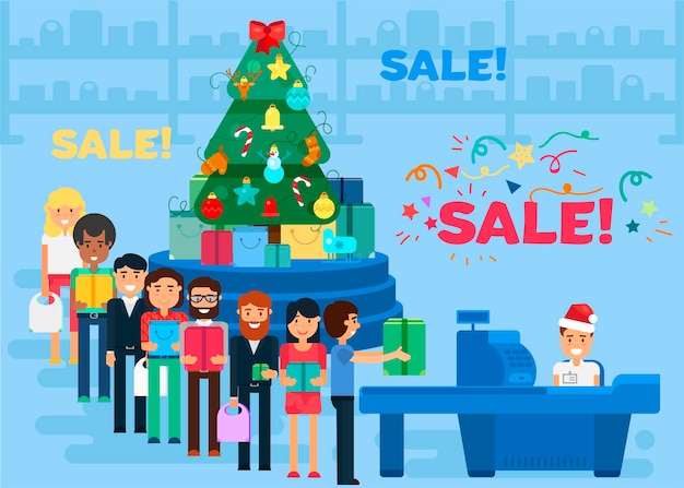 Frohe weihnachten und neues jahr im shop. laden sie mit kundenmenge und kassierer in der nähe der kasse. geschenke und geschenke. shopping-konzept-abbildung. verkauf boxing day-banner. vektor