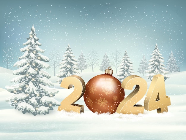 Vektor frohe weihnachten und neujahr urlaubslandschaft hintergrund mit einem 2024 und einem weihnachtsbaum ball vektor