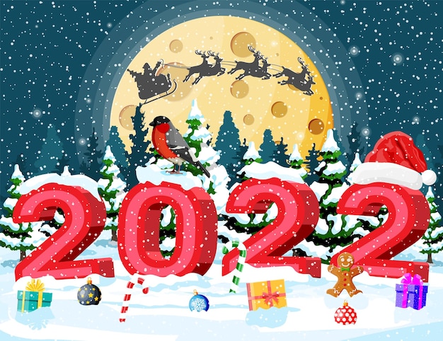 Frohe weihnachten und neujahr weihnachtsgrußkarte mit 2022 fetten buchstaben. weihnachtsmann-hut, geschenkbox, candycane, glaskugel und lebkuchenmann. gimpel wintervogel. flache vektorillustration