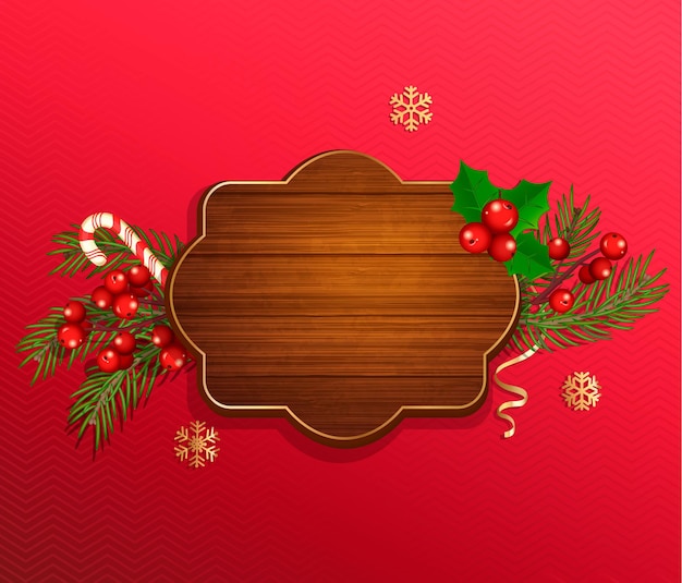 Frohe weihnachten und neujahr wünschen vorlage im holzrahmen auf rotem hintergrund mit traditionellen weihnachtsdekorationen-zuckerstange, weihnachtsbaum-zweig, schneeflocken