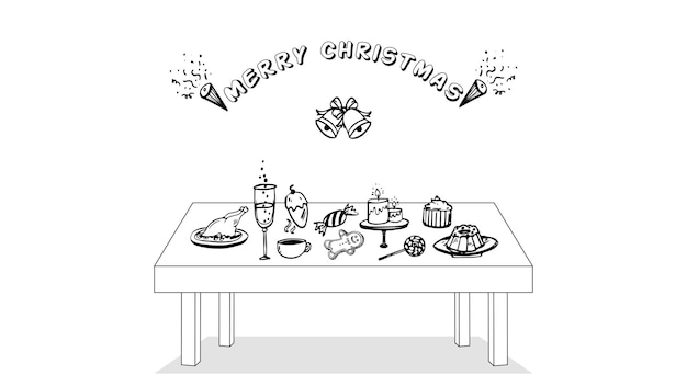 Frohe weihnachten weihnachtsfeier essen tisch handgezeichnete vektorillustration