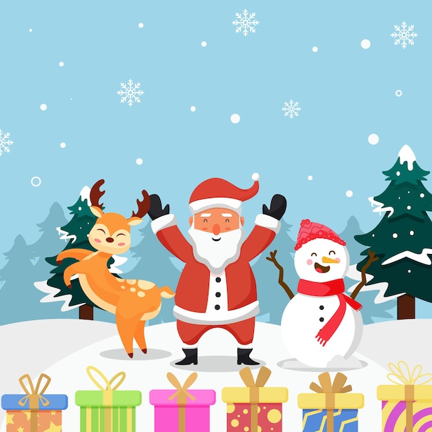 Frohe weihnachten weihnachtsmann illustration, rentiere und schneemann