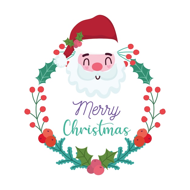 Frohe weihnachten, weihnachtsmann kranz stechpalme beeren dekoration karte für gruß vektor-illustration