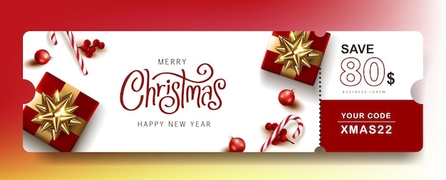 Vektor frohe weihnachtsgeschenk promotion coupon banner mit festlicher dekoration für weihnachten