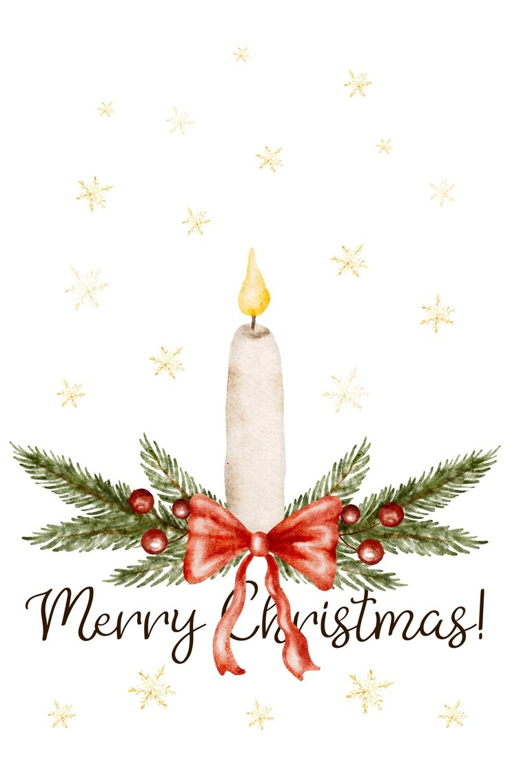 Vektor frohe weihnachtsgrüßkarte, aquarell, kerze, tannenzweige mit schneeflocken
