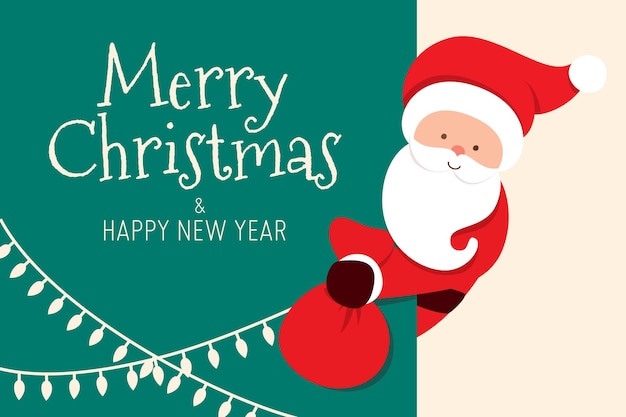 Frohe weihnachtskarte mit santa claus, die geschenktüte späht und hält. zeichentrickfigur eines mannes mit bart. vektorillustration