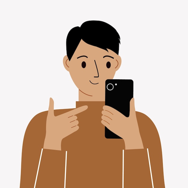 Froher mann mit handy, vorderansicht. zeigt mit dem finger auf den telefonbildschirm. nachrichten. smartphone- und internetsucht. vektor-illustration.