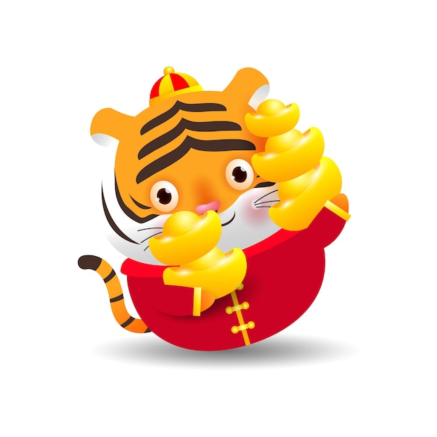 Frohes chinesisches neues jahr 2022 kleiner tiger, der chinesisches gold hält, das jahr des tiger-tierkreises cartoon-vektor-illustration isoliert auf weißem hintergrund