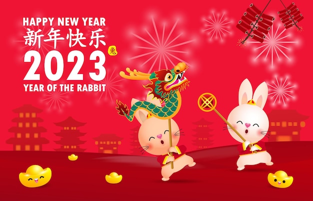 Frohes chinesisches neues jahr 2023 jahr des kaninchens, süßes häschen führt drachentanz auf, gong xi fa cai