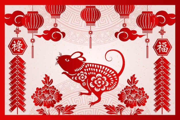 Frohes chinesisches neues jahr von retro-roten traditionellen rahmenrattenpfingstrose-blumenlaternenfeuerwerkskörpern und -wolke.