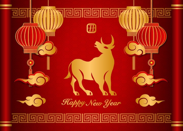 Frohes chinesisches neujahr des ochsen in goldenen linien