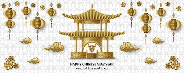 Frohes chinesisches neujahr mit wunderschöner pagode, kreativem goldenen metallochsen und hängenden laternen.