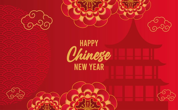 Frohes chinesisches neujahrsbeschriftungskarten mit roten schnürsenkeln und schloss