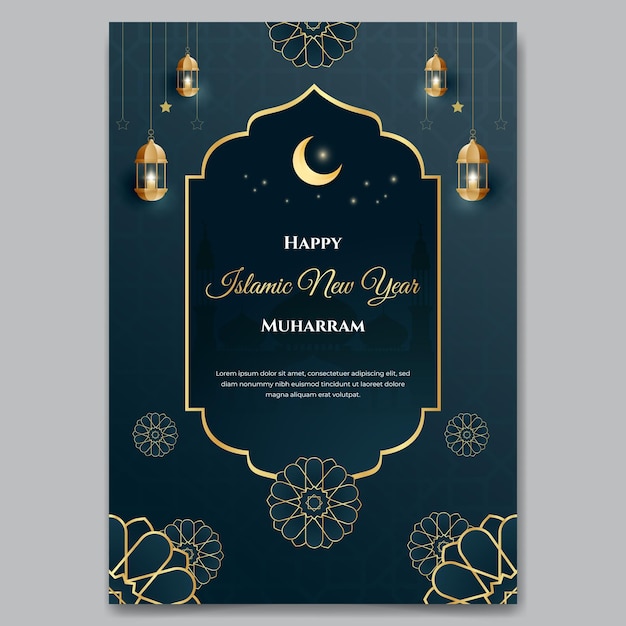 Frohes islamisches neujahrs-muharram-plakat mit laterne und islamischer ornamentillustration