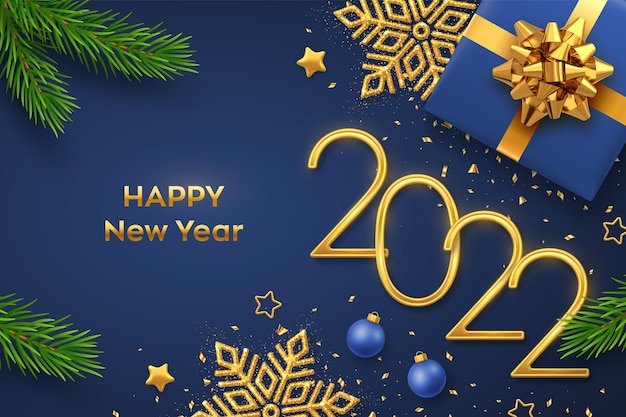 Frohes neues 2022-Jahr. Goldene metallische Zahlen 2022 mit Geschenkbox, leuchtender Schneeflocke, Tannenzweigen, Sternen, Bällen und Konfetti auf blauem Hintergrund. Neujahrsgrußkarte oder Bannervorlage. Vektor.