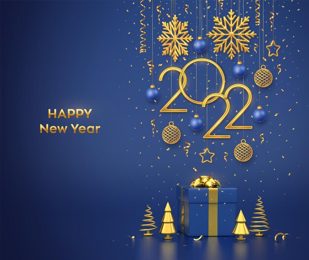 Frohes neues 2022-Jahr. Hängende goldene metallische Zahlen 2022 mit Schneeflocken, Sternen und Kugeln auf blauem Hintergrund. Geschenkbox und goldene metallische Kiefer oder Tanne, kegelförmige Fichten. Vektor-Illustration.