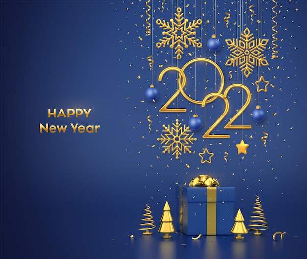 Frohes neues 2022-Jahr. Hängende goldene metallische Zahlen 2022 mit Schneeflocken, Sternen und Kugeln auf blauem Hintergrund. Geschenkbox und goldene metallische Kiefer oder Tanne, kegelförmige Fichten. Vektor-Illustration.