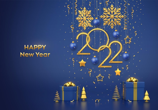 Frohes neues 2022-Jahr. Hängende goldene metallische Zahlen 2022 mit Schneeflocken, Sternen und Kugeln auf blauem Hintergrund. Geschenkboxen und goldene metallische Kiefer oder Tanne, kegelförmige Fichten. Vektor-Illustration.