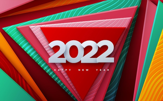 Frohes neues 2022-jahr. vektorfeiertagsillustration. weiße zahlen 2022. bunter geometrischer hintergrund. festliches event-banner. papierformen mit eingraviertem wellenmuster. poster- oder coverdesign