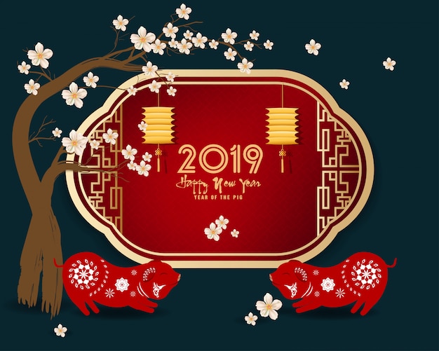 Frohes neues jahr 2019 einladungskarten. jahr des schweins chinesisches neujahr