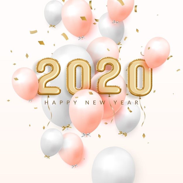 Frohes neues Jahr 2020 Feiern Hintergrund, Goldfolienballons mit Ziffer und Konfetti