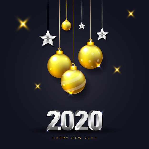 Frohes neues jahr 2020 grußkarte mit dunklen und realistischen weihnachtsdekoration in gold und silber farbe