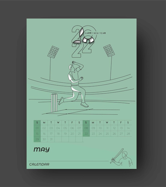 Frohes neues jahr 2022 cricket-kalender - neujahrsfeiertagsgestaltungselemente für weihnachtskarten, kalenderfahnenplakat für dekorationen, vektorillustrations-hintergrund.